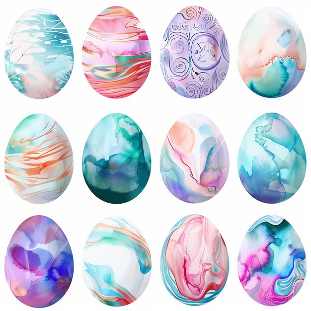 a close up of a bunch of painted eggs on a white surface generative ai