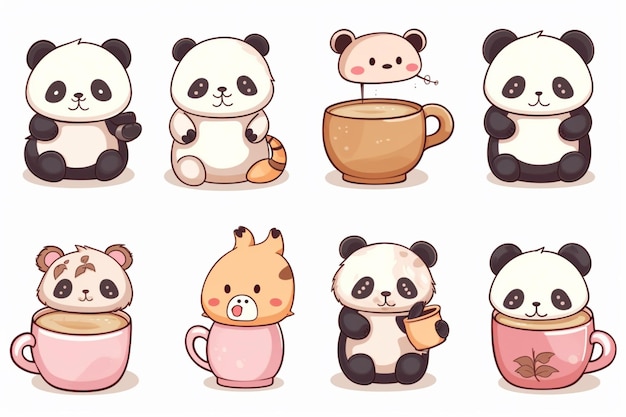 A close up of a bunch of panda bears with different drinks generative ai