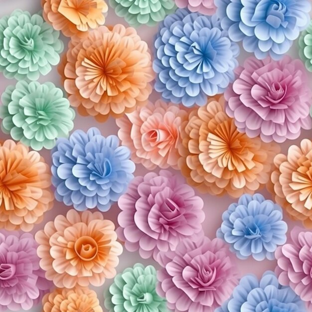 A close up of a bunch of paper flowers on a wall generative ai