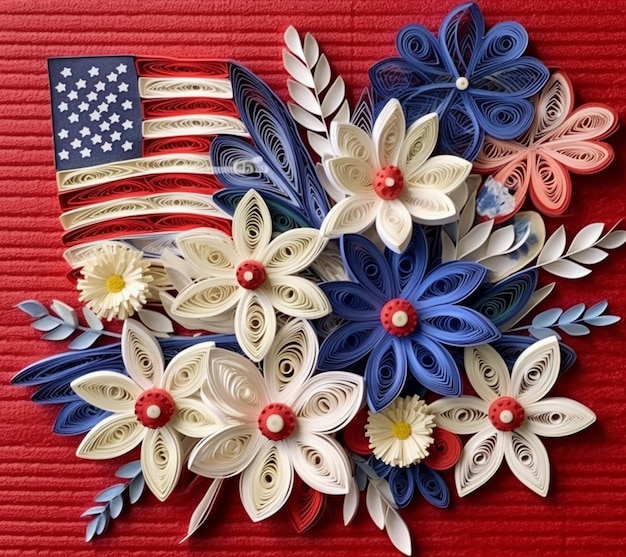 A close up of a bunch of paper flowers with an american flag generative ai