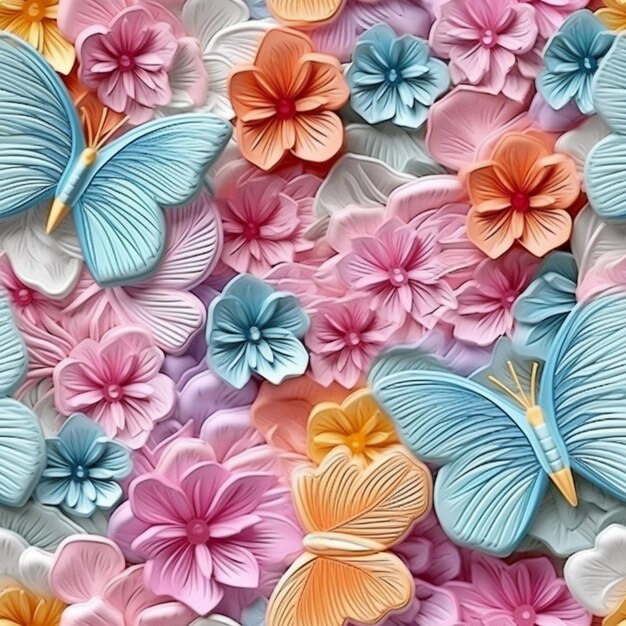 A close up of a bunch of paper flowers with butterflies generative ai