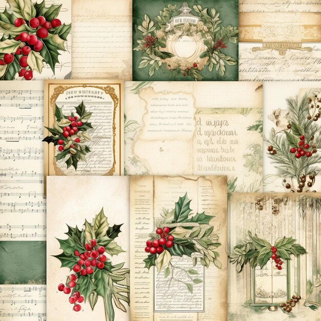 Photo a close up of a bunch of papers with holly leaves and berries generative ai