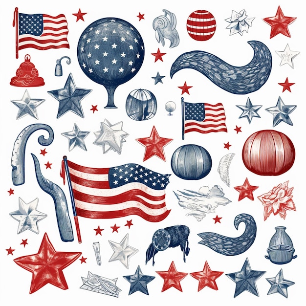 A close up of a bunch of patriotic items on a white background generative ai