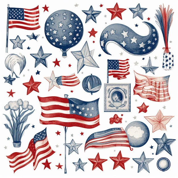 A close up of a bunch of patriotic items on a white background generative ai