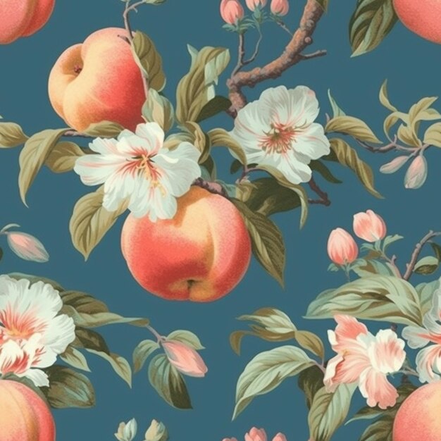 Photo a close up of a bunch of peaches on a branch with flowers generative ai