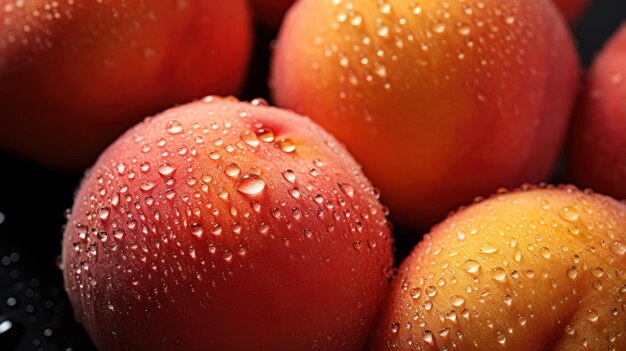 Близкий взгляд на кучу персиков с капельками воды на них
