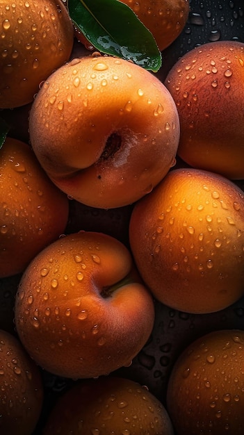 A close up of a bunch of peaches with water droplets on them