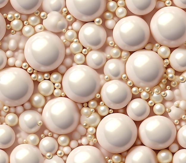 ピンク色の表面に付いた真珠の群れのクローズアップ