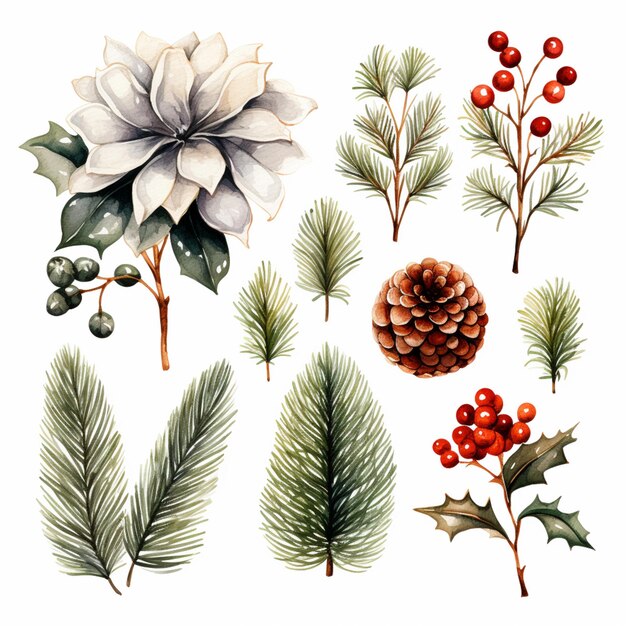 a close up of a bunch of pine branches with pine cones and berries generative ai