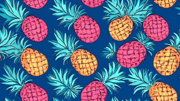 A close up of a bunch of pineapples on a blue background generative ai