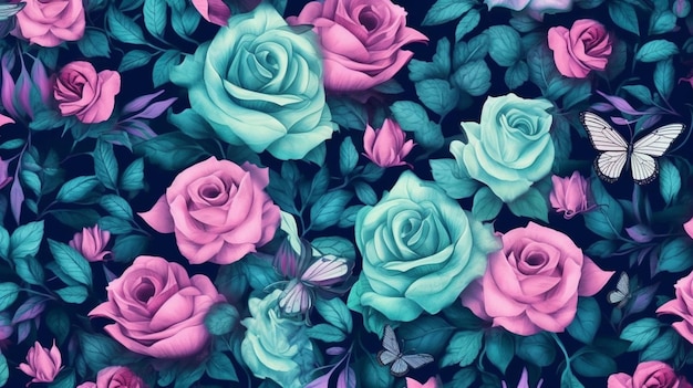 близкий взгляд на кучу розовых и голубых роз генеративный ай