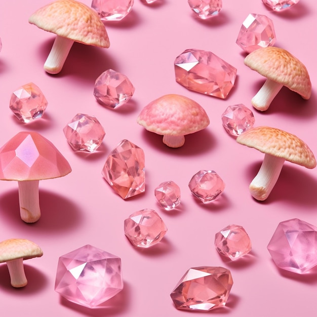 a close up of a bunch of pink crystals and mushrooms generative ai