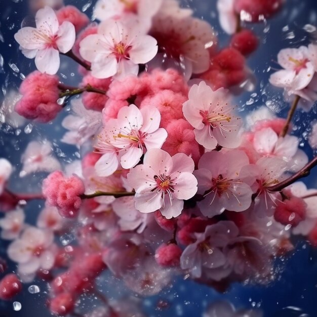 A close up of a bunch of pink flowers in a blue bowl generative ai