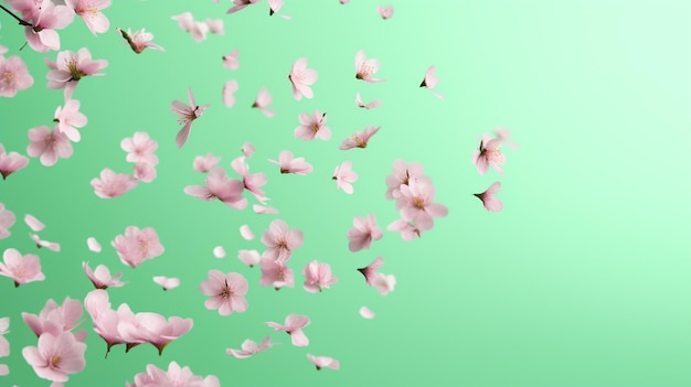 A close up of a bunch of pink flowers flying in the air generative ai