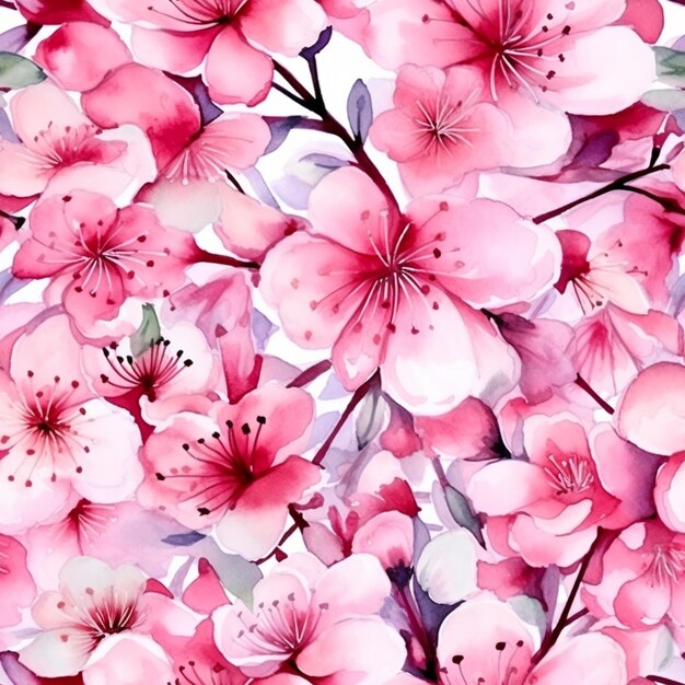 A close up of a bunch of pink flowers on a tree generative ai