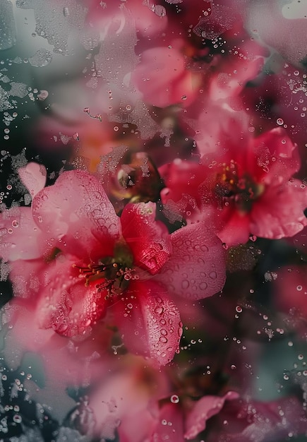 A close up of a bunch of pink flowers with droplets of water on them Scene is serene and calming as the flowers