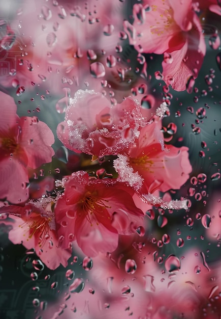 A close up of a bunch of pink flowers with droplets of water on them Scene is serene and calming as the flowers