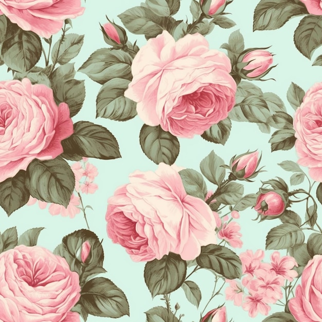 a close up of a bunch of pink roses on a blue background generative ai