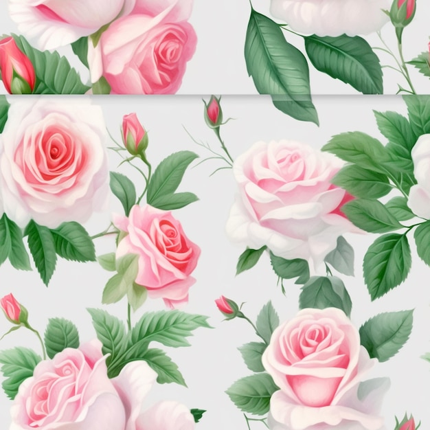 A close up of a bunch of pink roses with green leaves generative ai