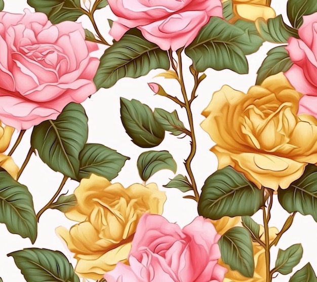 A close up of a bunch of pink and yellow roses generative ai