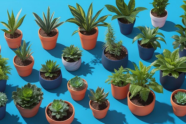 A close up of a bunch of plants in pots on a blue background generative ai