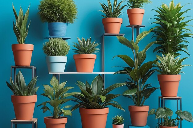 파란색 배경에 있는 비에 있는 식물들의 클로즈업 (close up of a bunch of plants in pots on a blue background generative ai)