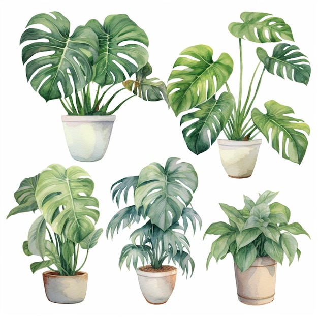 a close up of a bunch of plants in pots on a white background generative ai
