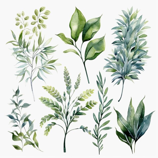 A close up of a bunch of plants with leaves on a white background generative ai