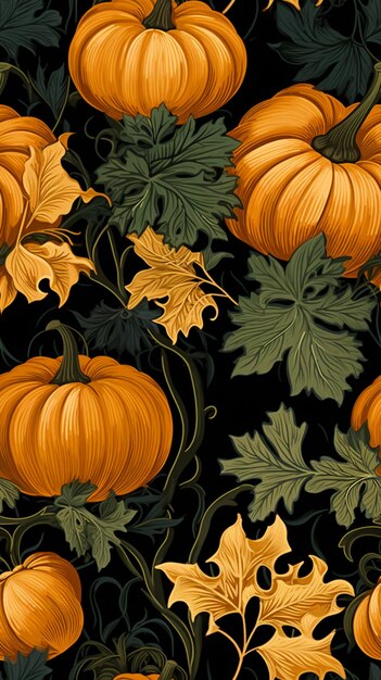 A close up of a bunch of pumpkins and leaves on a black background generative ai