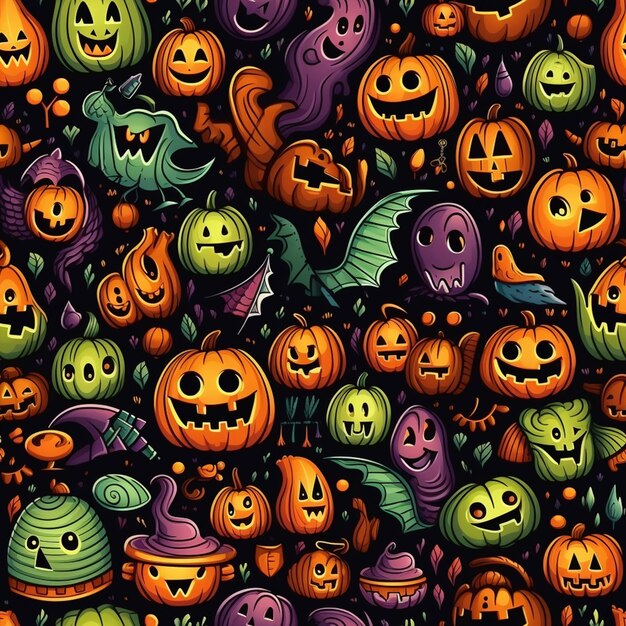 a close up of a bunch of pumpkins with bats and bats generative ai