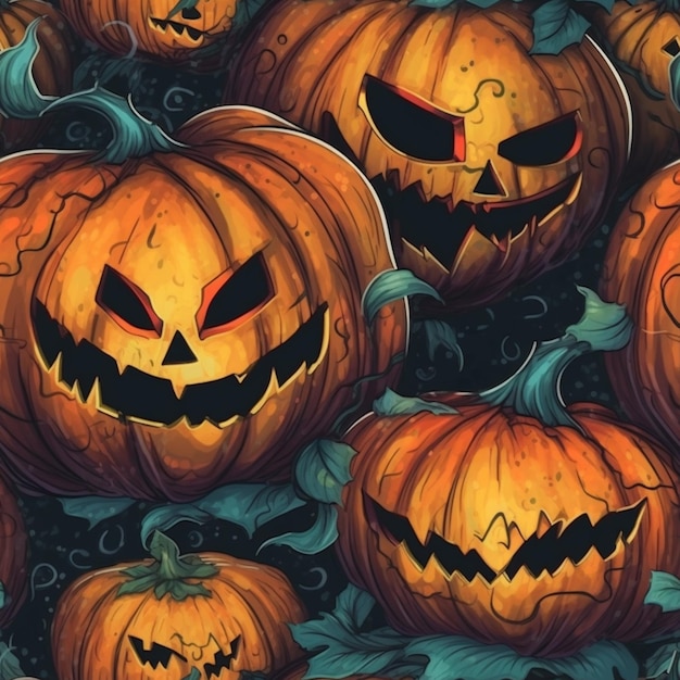 a close up of a bunch of pumpkins with faces on them generative ai