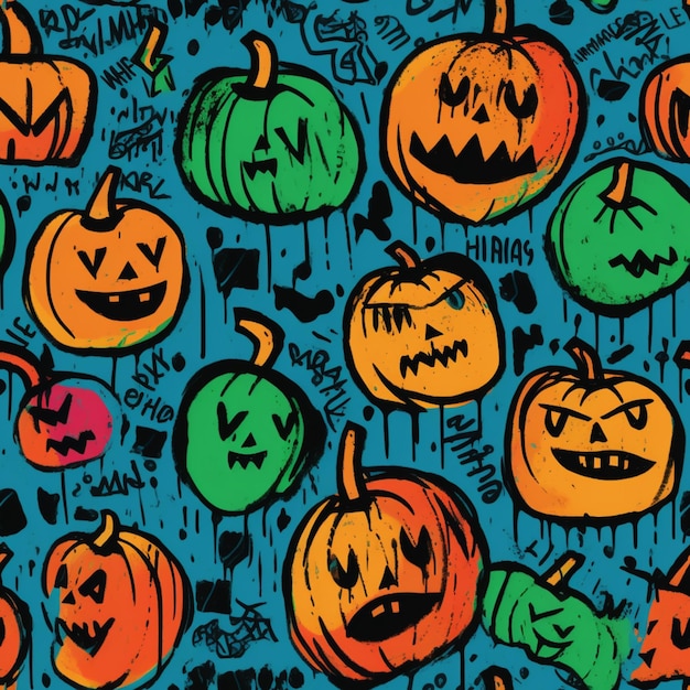 A close up of a bunch of pumpkins with faces on them generative ai