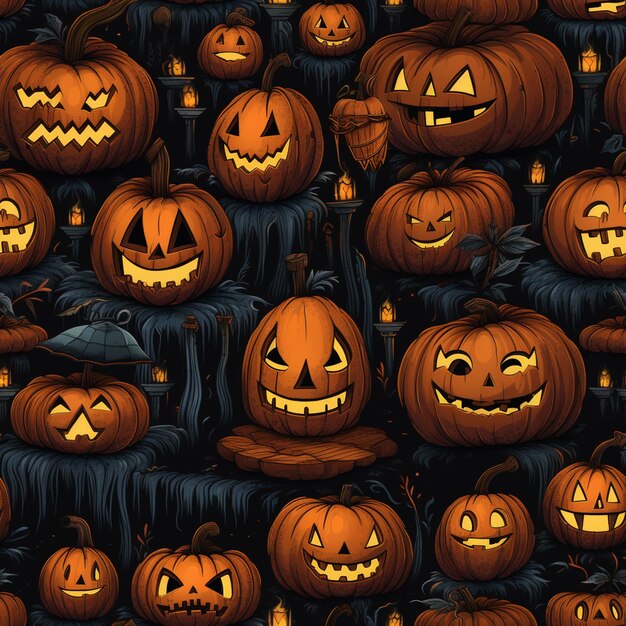 a close up of a bunch of pumpkins with faces on them generative ai