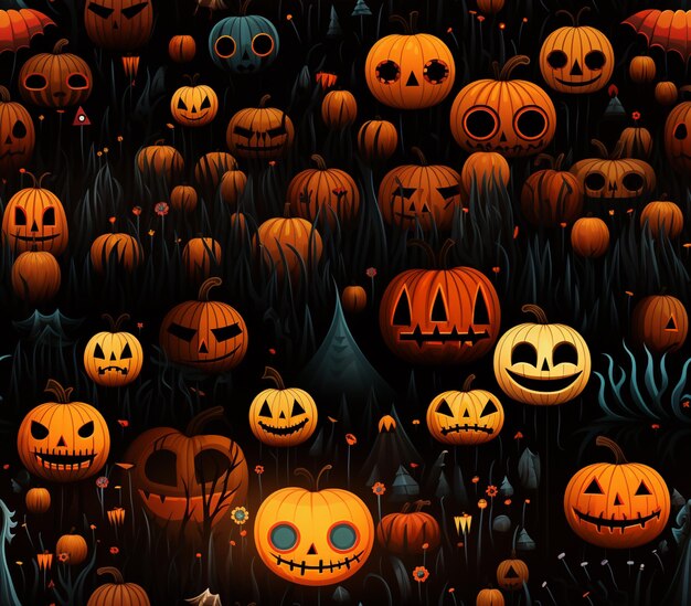 A close up of a bunch of pumpkins with faces on them generative ai