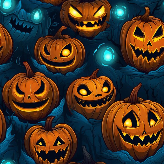 a close up of a bunch of pumpkins with glowing eyes generative ai