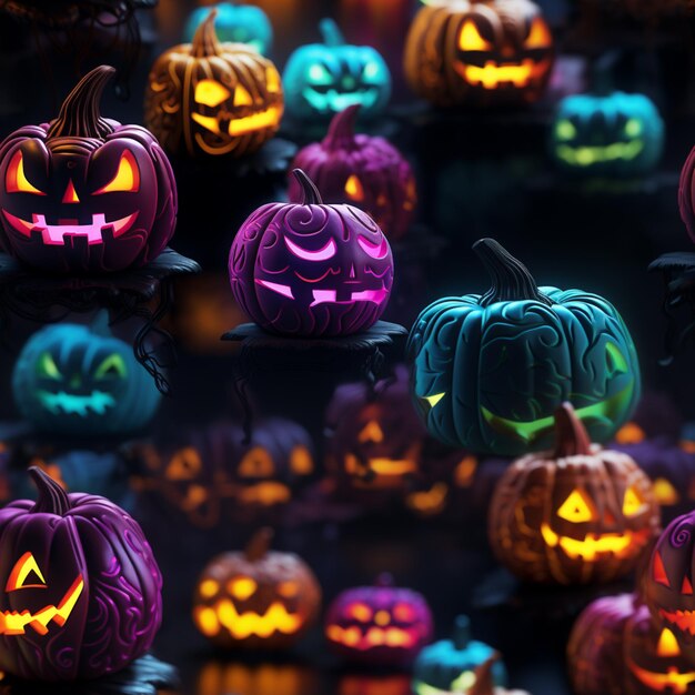 A close up of a bunch of pumpkins with glowing faces generative ai