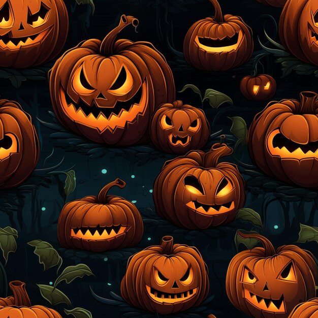 a close up of a bunch of pumpkins with glowing faces generative ai