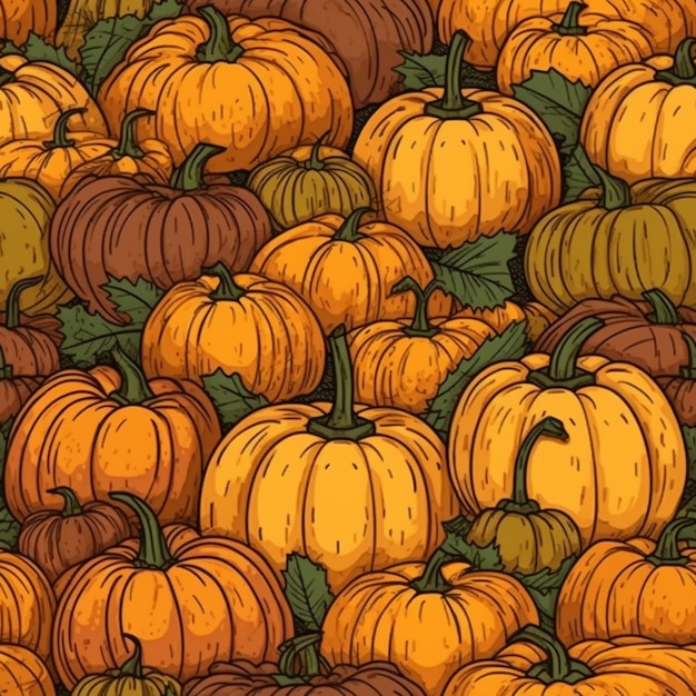 a close up of a bunch of pumpkins with leaves generative ai