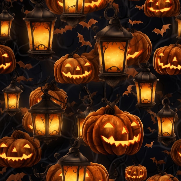 a close up of a bunch of pumpkins with lights on them generative ai