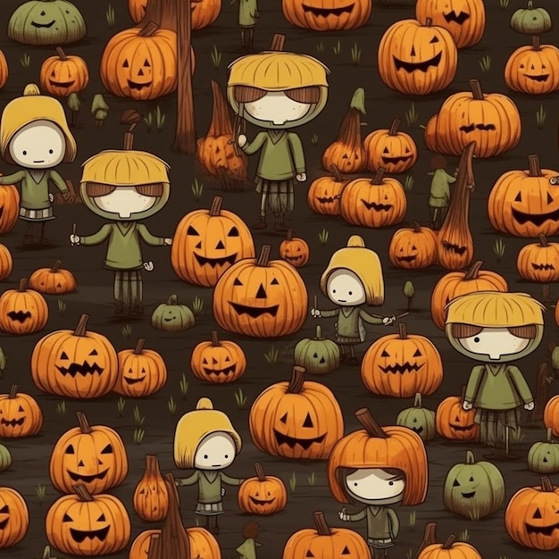 A close up of a bunch of pumpkins with people in them generative ai