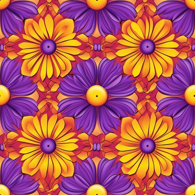 Foto un primo piano di un gruppo di fiori viola e gialli generativo ai