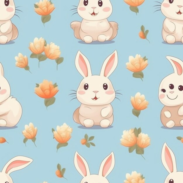 A close up of a bunch of rabbits on a blue background generative ai