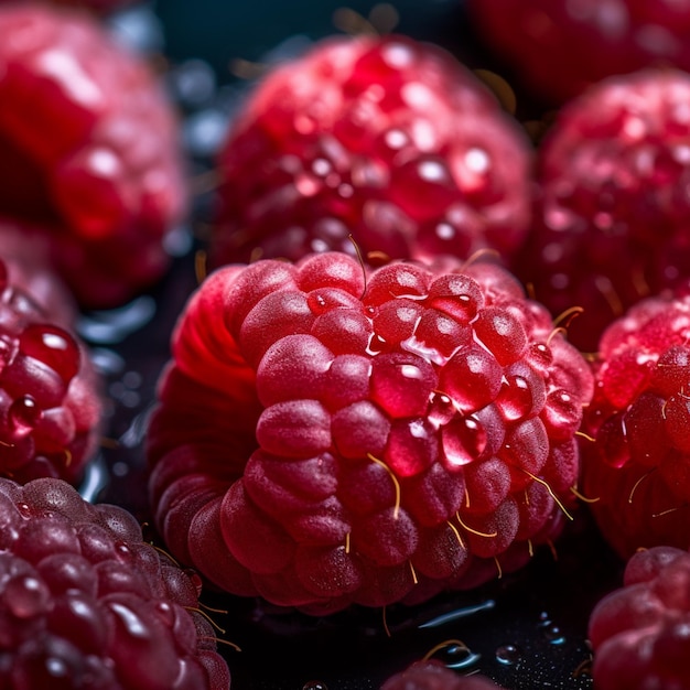 A close up of a bunch of raspberries sitting on top of a table generative ai