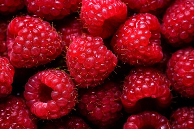 A close up of a bunch of raspberries with a green stem generative ai
