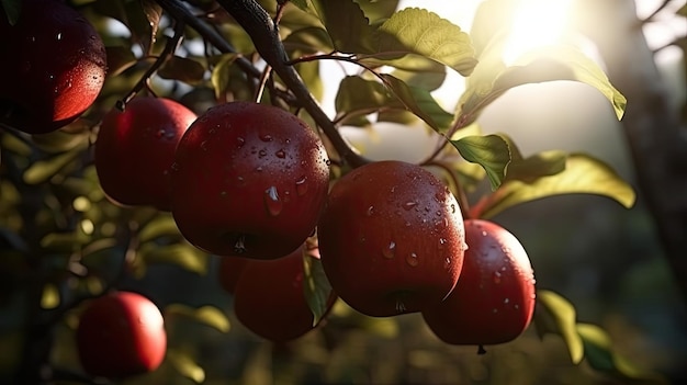 A close up of a bunch of red apples hanging from a tree