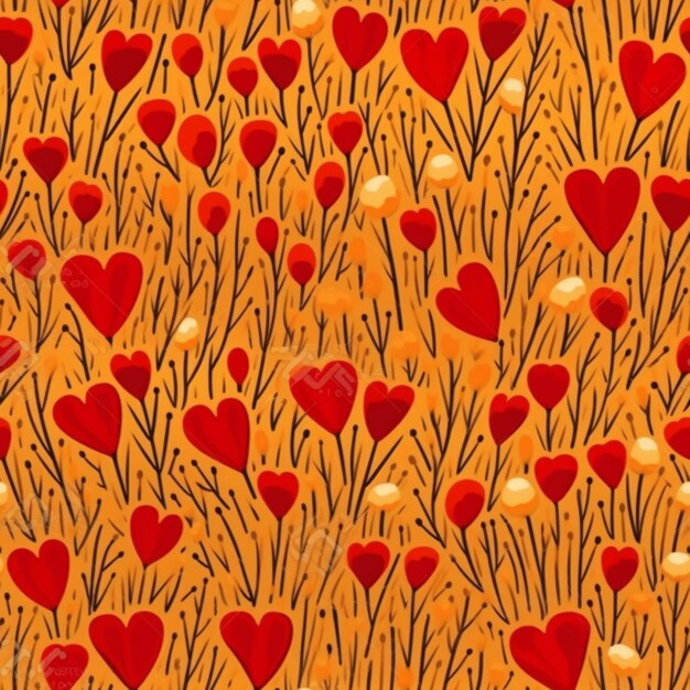 A close up of a bunch of red hearts on a yellow background generative ai