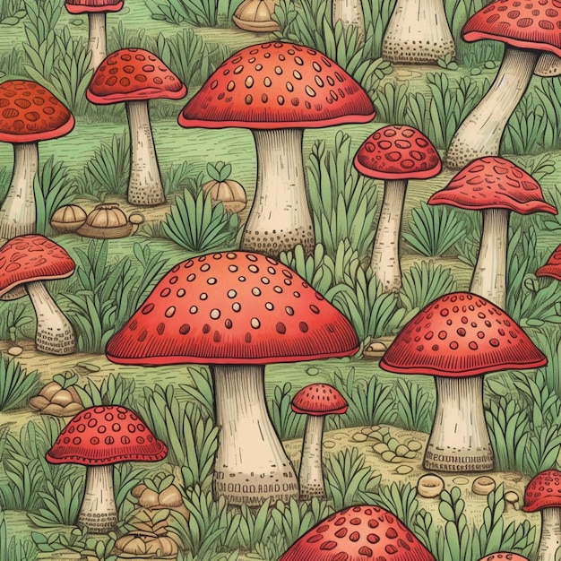 A close up of a bunch of red mushrooms in a field generative ai