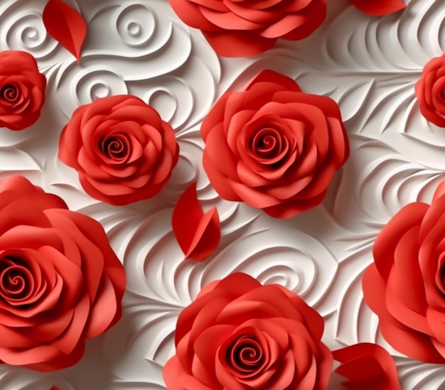 a close up of a bunch of red roses on a white surface generative ai