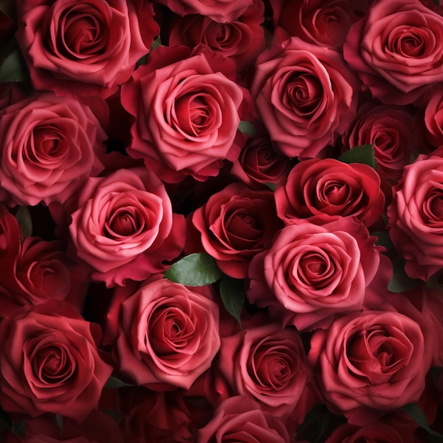 a close up of a bunch of red roses with green leaves generative ai