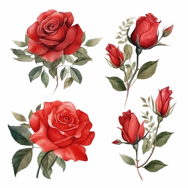 Крупный план букета красных роз с зелеными листьями, генеративным ай